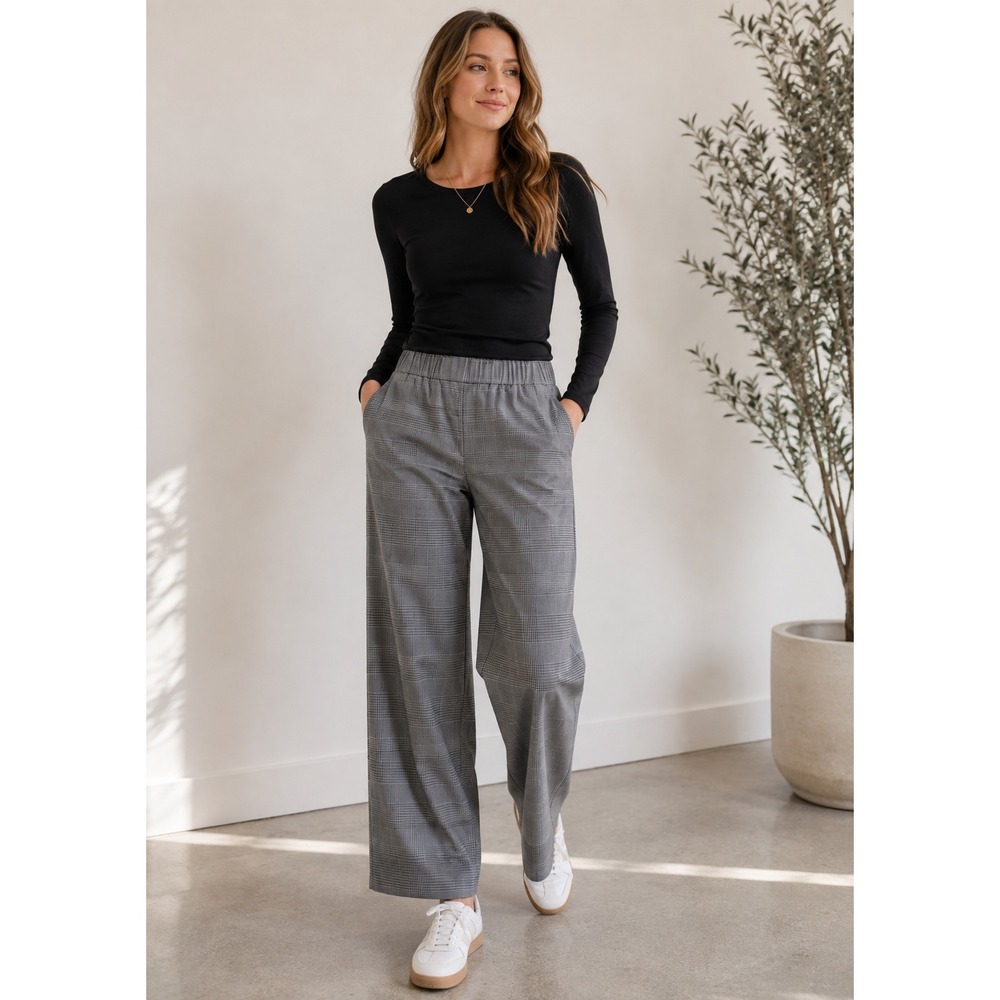 Gap Womens XL Grey Glen Plaid Wide Leg Pull On Trousers Elastic Waist Pants